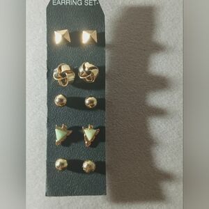 Gold Earring Set with Mint Triangle Accents